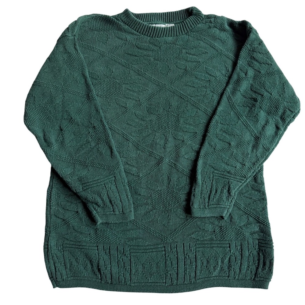 Vintage Bella Cottons Green Textured Cable Knit Crewneck Sweater USA Large